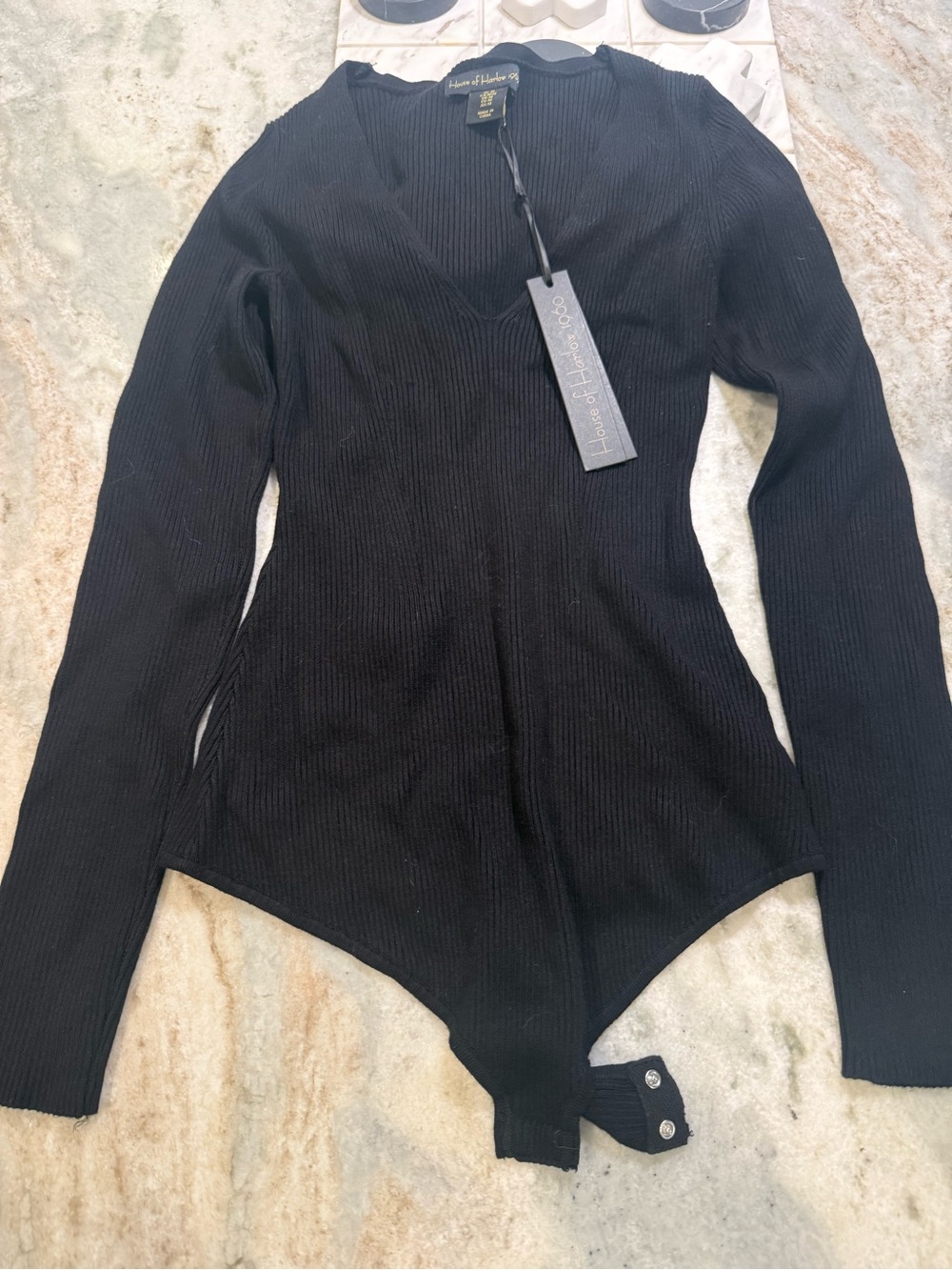 House of Harlow 1960 Black Ribbed V-Neck Long Sleeve Bodysuit